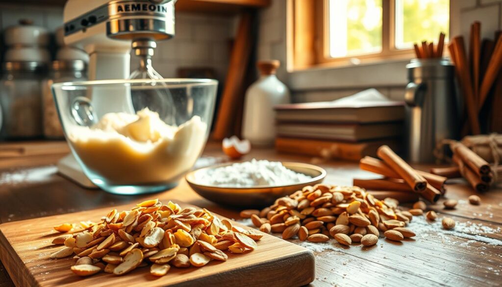A rustic kitchen counter, bathed in warm natural light, showcases the preparation of a delectable almond cake. In the foreground, a wooden board displays freshly chopped almonds, their golden hues gleaming. Beside them, a glass mixing bowl overflows with fluffy cake batter, infused with the fragrant scent of vanilla. In the middle ground, a vintage stand mixer whirs, its chrome finish reflecting the soft illumination. Atop the counter, a sprinkling of powdered sugar and a scatter of freshly cracked egg shells hint at the care and attention being poured into this culinary creation. The background features a tidy arrangement of baking supplies - flour-dusted canisters, a well-worn cookbook, and a bundle of fragrant cinnamon sticks, all contributing to the inviting atmosphere of a kitchen in the midst of artful almond cake preparation. A rustic kitchen counter, bathed in warm natural light, showcases the preparation of a delectable almond cake. In the foreground, a wooden board displays freshly chopped almonds, their golden hues gleaming. Beside them, a glass mixing bowl overflows with fluffy cake batter, infused with the fragrant scent of vanilla. In the middle ground, a vintage stand mixer whirs, its chrome finish reflecting the soft illumination. Atop the counter, a sprinkling of powdered sugar and a scatter of freshly cracked egg shells hint at the care and attention being poured into this culinary creation. The background features a tidy arrangement of baking supplies - flour-dusted canisters, a well-worn cookbook, and a bundle of fragrant cinnamon sticks, all contributing to the inviting atmosphere of a kitchen in the midst of artful almond cake preparation.