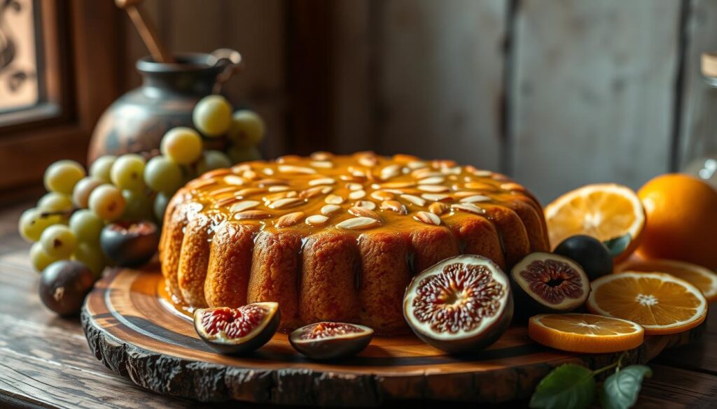 A traditional Moroccan dessert, a delicate almond cake glistening with a honey glaze, presented on a rustic wooden serving board. The cake is surrounded by an array of fresh seasonal fruits, such as juicy figs, plump grapes, and fragrant orange slices. Soft lighting from a window highlights the warm, earthy tones of the dessert, creating a cozy, inviting atmosphere. The scene is captured from a slightly elevated angle, showcasing the intricate patterns and textures of the cake and its accompaniments. The overall composition evokes the rich cultural heritage and culinary traditions of Morocco. A traditional Moroccan dessert, a delicate almond cake glistening with a honey glaze, presented on a rustic wooden serving board. The cake is surrounded by an array of fresh seasonal fruits, such as juicy figs, plump grapes, and fragrant orange slices. Soft lighting from a window highlights the warm, earthy tones of the dessert, creating a cozy, inviting atmosphere. The scene is captured from a slightly elevated angle, showcasing the intricate patterns and textures of the cake and its accompaniments. The overall composition evokes the rich cultural heritage and culinary traditions of Morocco.